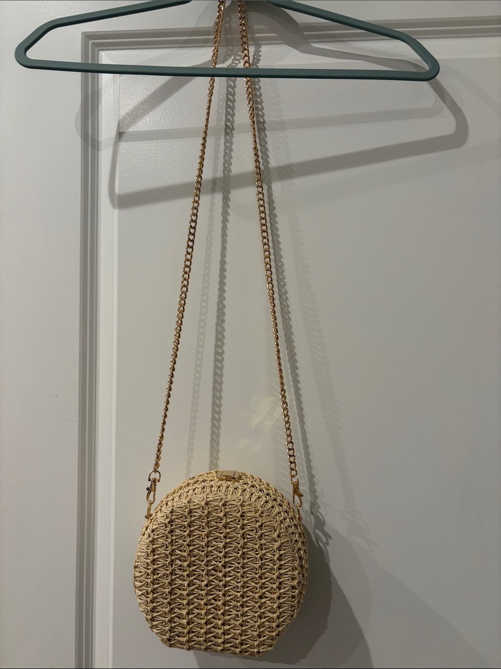 Haute Hippie Natural Straw Round Crossbody with Gold Chain